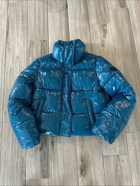 Noize Glossy Teal Cropped Puffer Jacket
